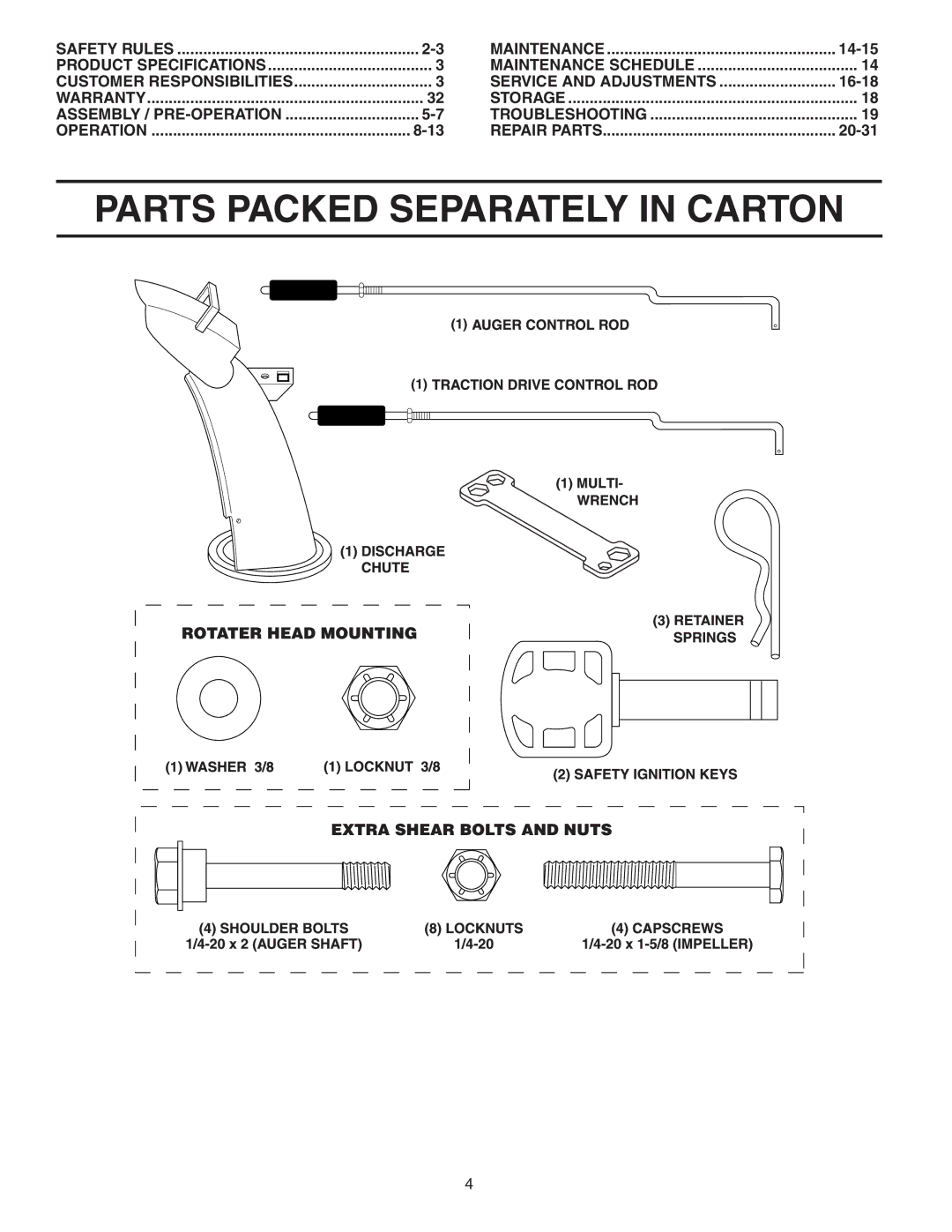 Husqvarna 1027STE owner manual Parts Packed Separately in Carton, 14-15, Service and Adjustments, 16-18, 20-31 