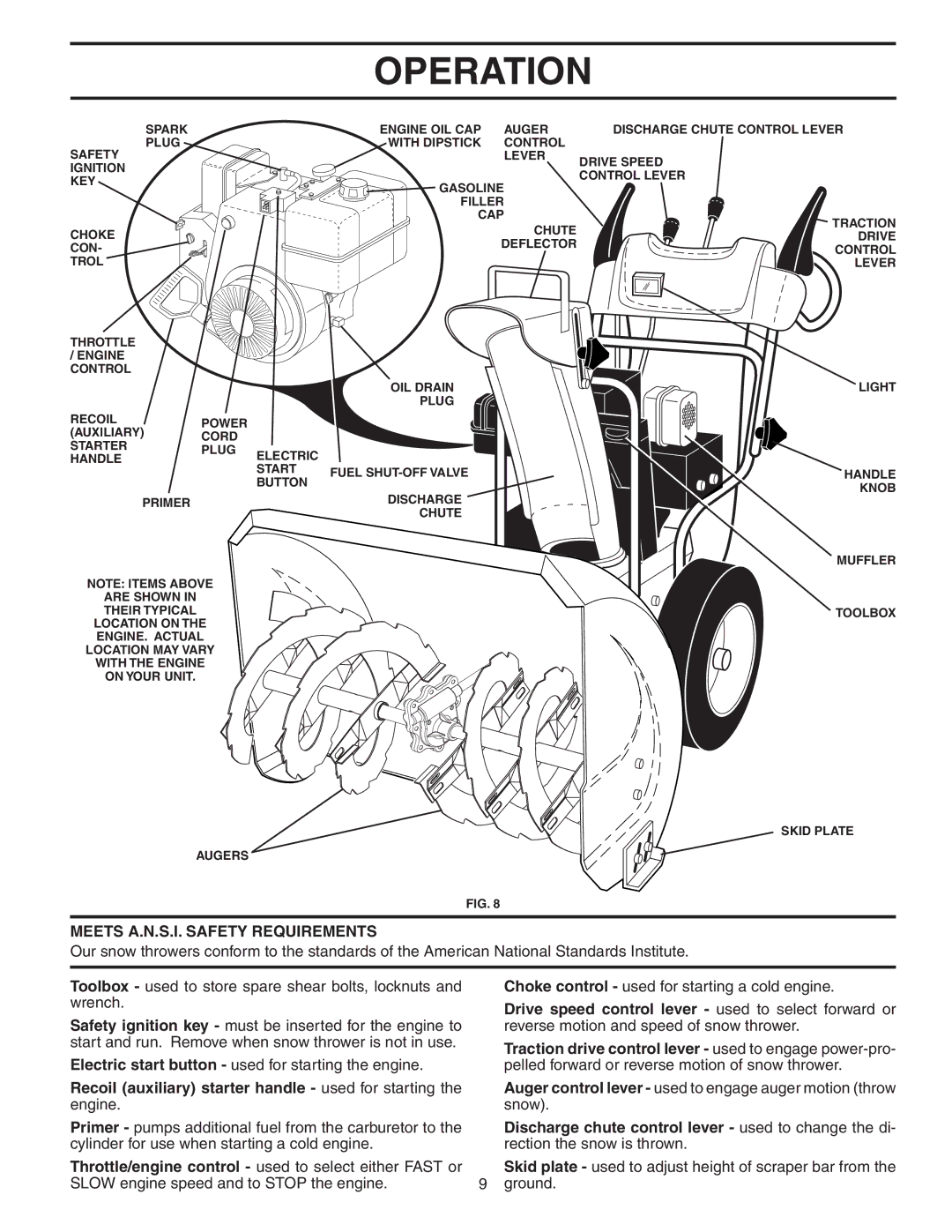 Husqvarna 1027STE Meets A.N.S.I. Safety Requirements, Recoil auxiliary starter handle used for starting the engine 