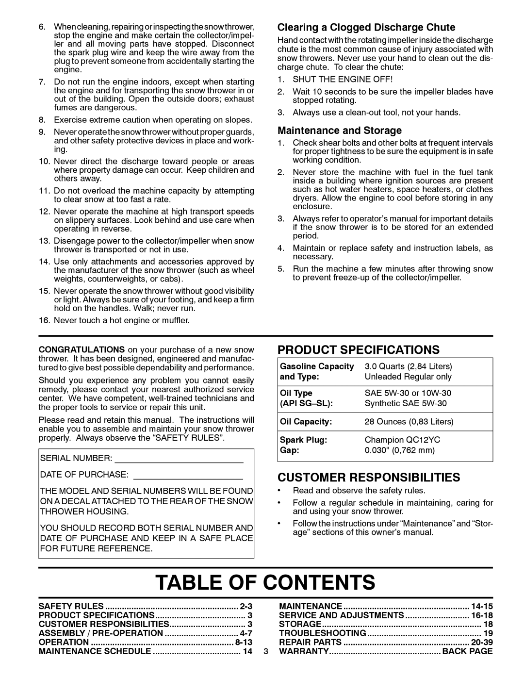 Husqvarna 10527SB-LS Table Of Contents, Product Specifications, Customer Responsibilities, Maintenance and Storage, 8-13 
