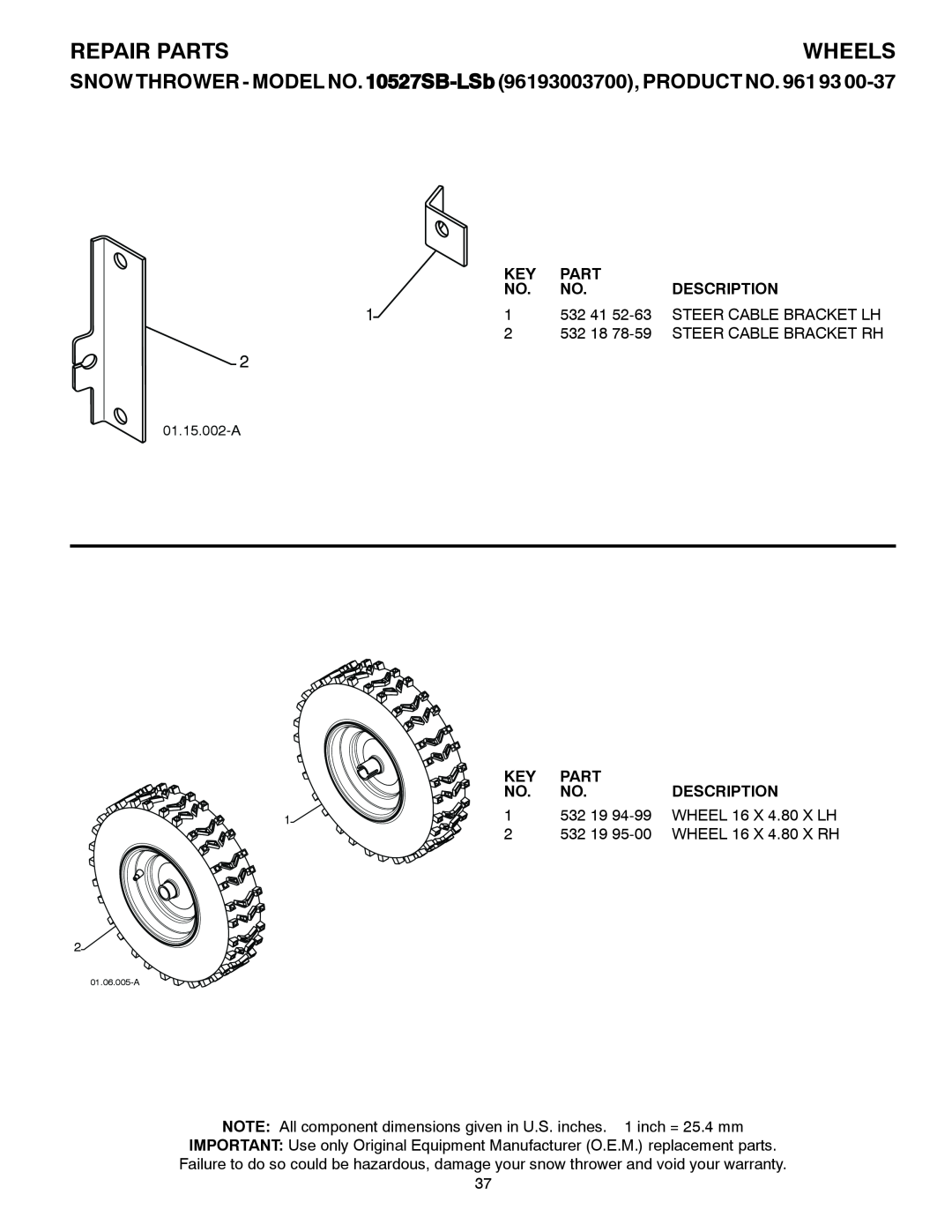 Husqvarna owner manual Wheels, Repair Parts, SNOW THROWER - MODEL NO. 10527SB-LSb 96193003700, PRODUCT NO, Description 