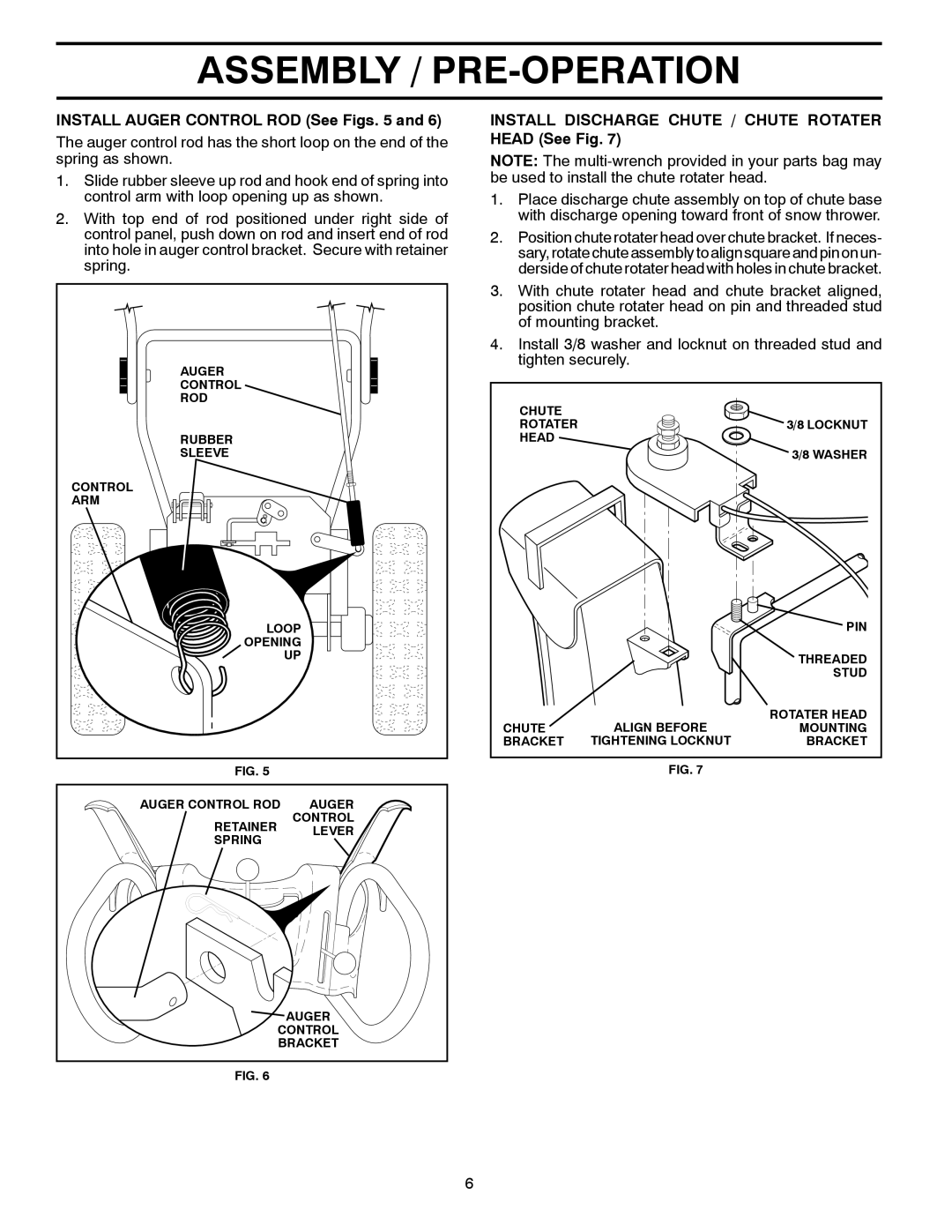 Husqvarna 10527SB-LS owner manual Assembly / Pre-Operation, INSTALL AUGER CONTROL ROD See Figs. 5 and 