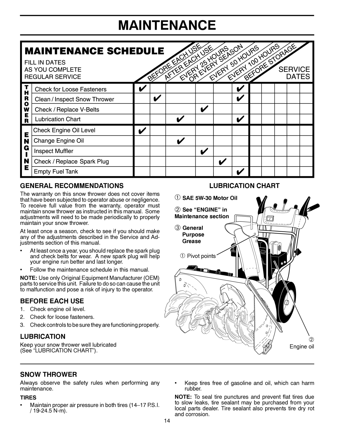 Husqvarna 10527SB-LS owner manual Maintenance, General Recommendations, Before Each USE, Lubrication, Snow Thrower 