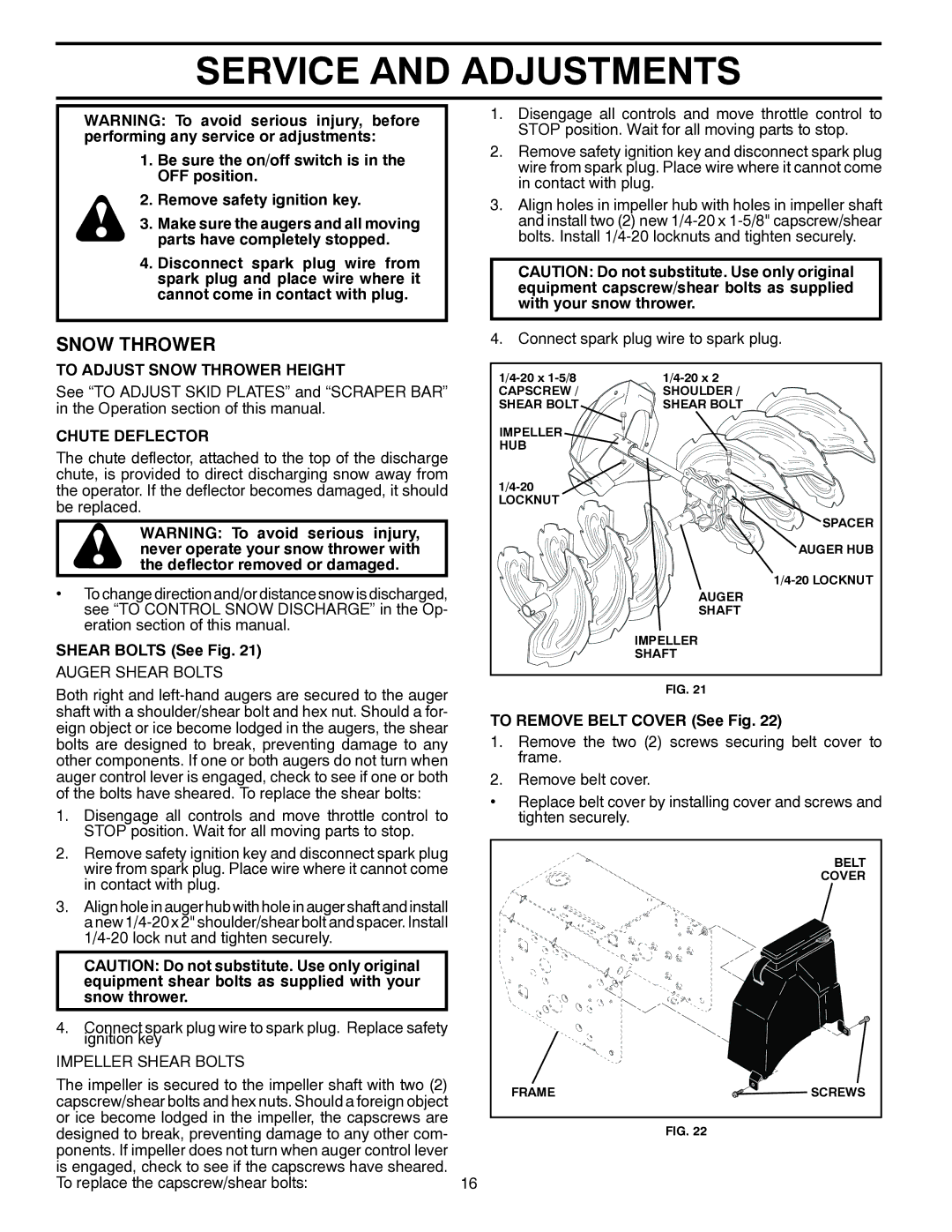 Husqvarna 10527SB-LS Service and Adjustments, To Adjust Snow Thrower Height, Chute Deflector, Shear Bolts See Fig 