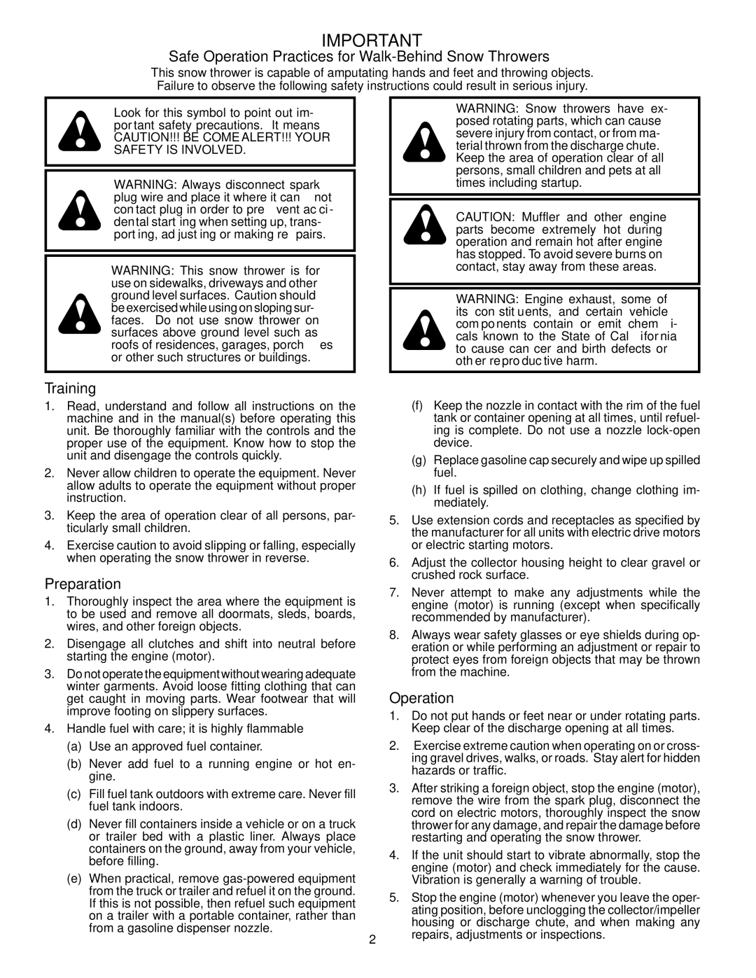 Husqvarna 10527SB-LS owner manual Safe Operation Practices for Walk-Behind Snow Throwers 