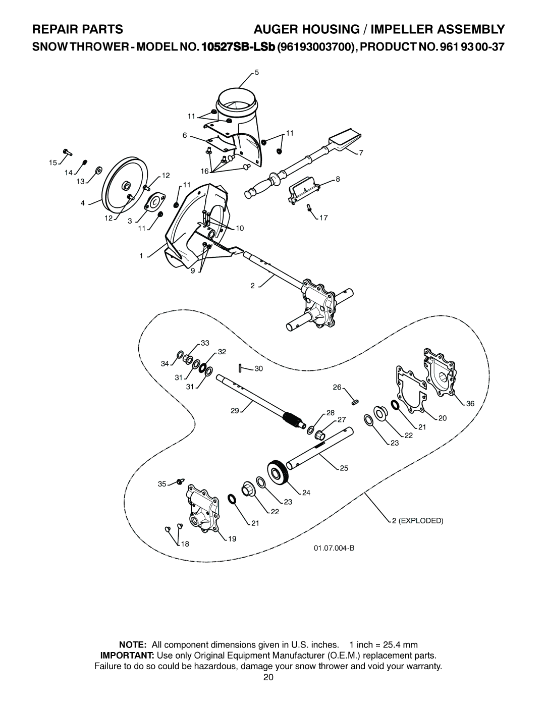 Husqvarna 10527SB-LS owner manual Repair Parts, Auger Housing / Impeller Assembly 