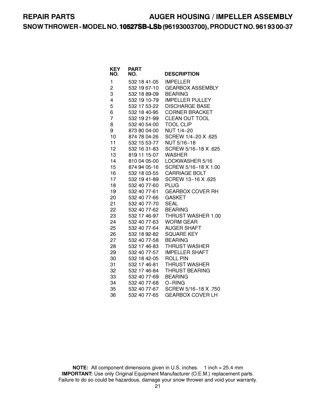 Husqvarna 10527SB-LS owner manual KEY Part Description 