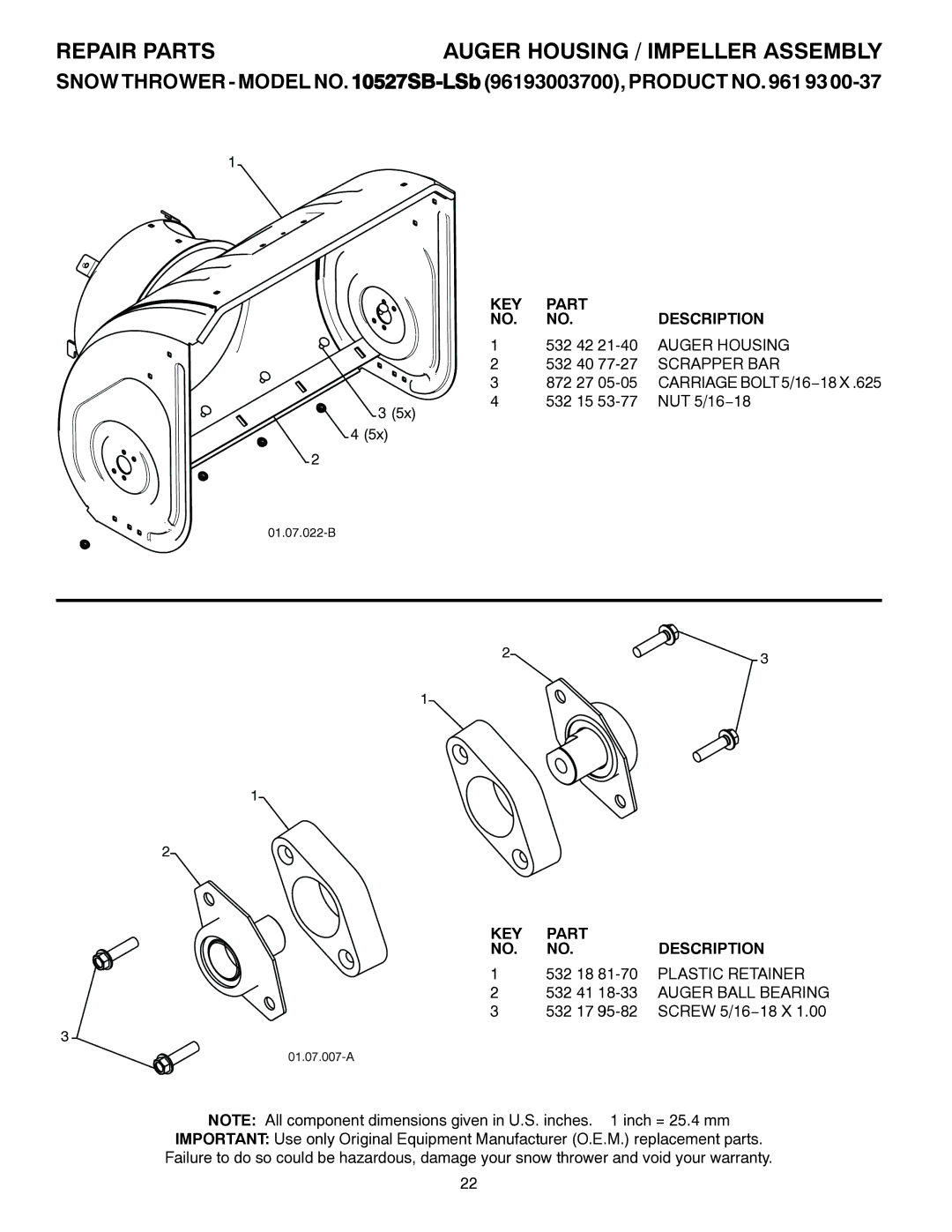 Husqvarna 10527SB-LS owner manual Auger Ball Bearing 