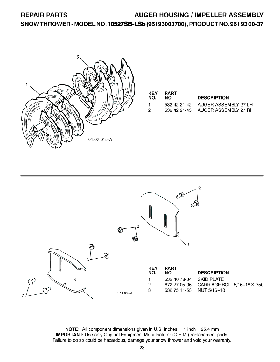 Husqvarna 10527SB-LS owner manual Auger Assembly 27 LH, Auger Assembly 27 RH, Skid Plate 