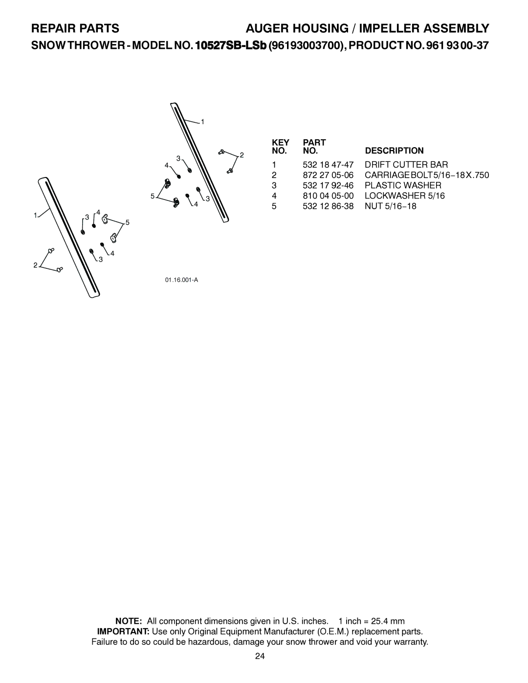 Husqvarna 10527SB-LS owner manual CARRIAGEBOLT5/16−18X.750 