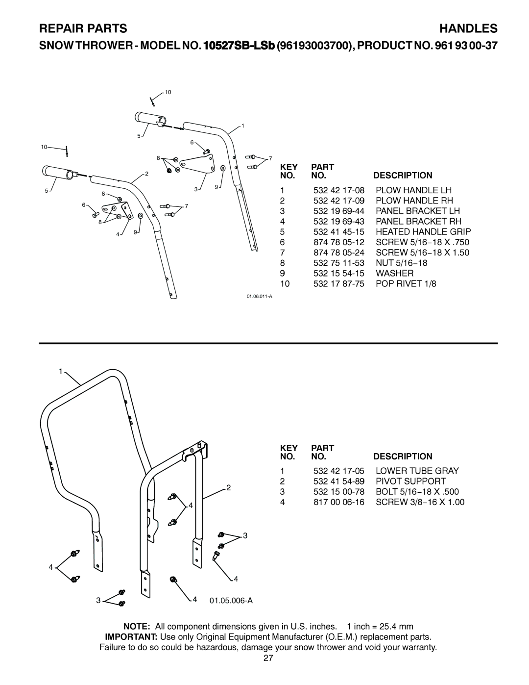 Husqvarna 10527SB-LS owner manual Handles, POP Rivet 1/8 