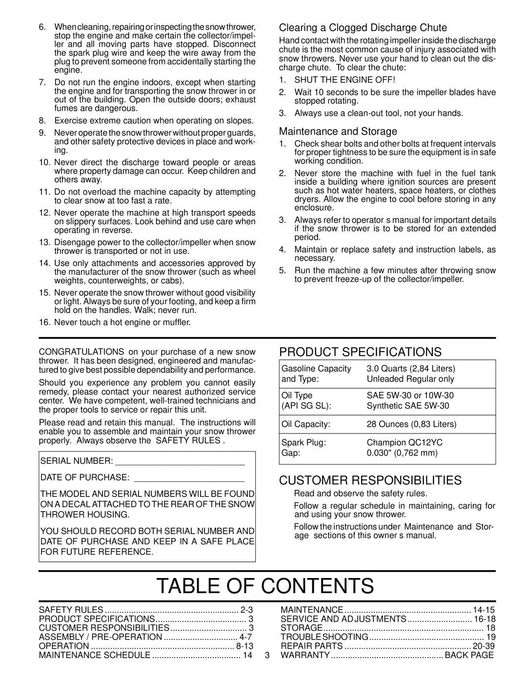 Husqvarna 10527SB-LS owner manual Table of Contents 