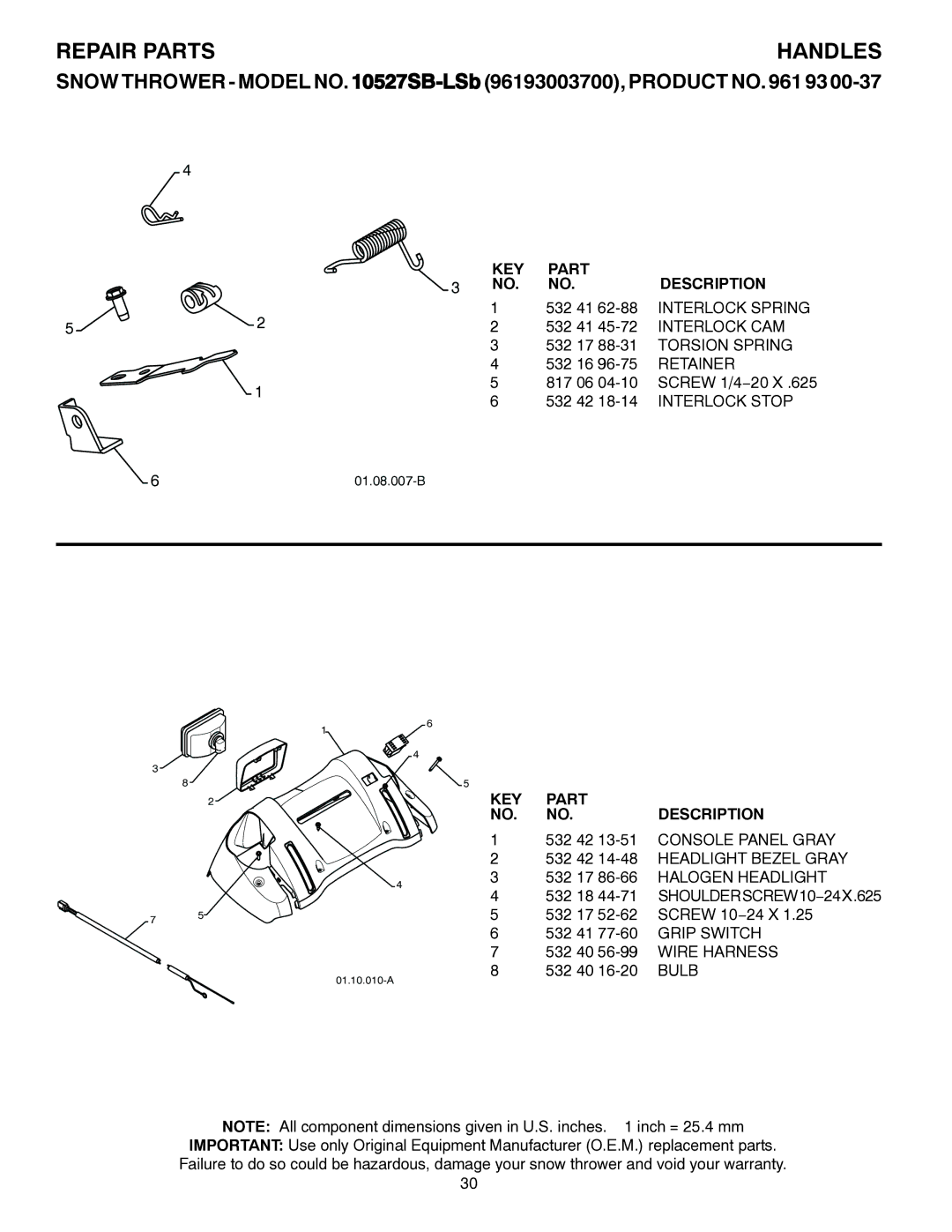 Husqvarna 10527SB-LS owner manual 532 42 14-48 Headlight Bezel Gray, Grip Switch, Wire Harness, Bulb 