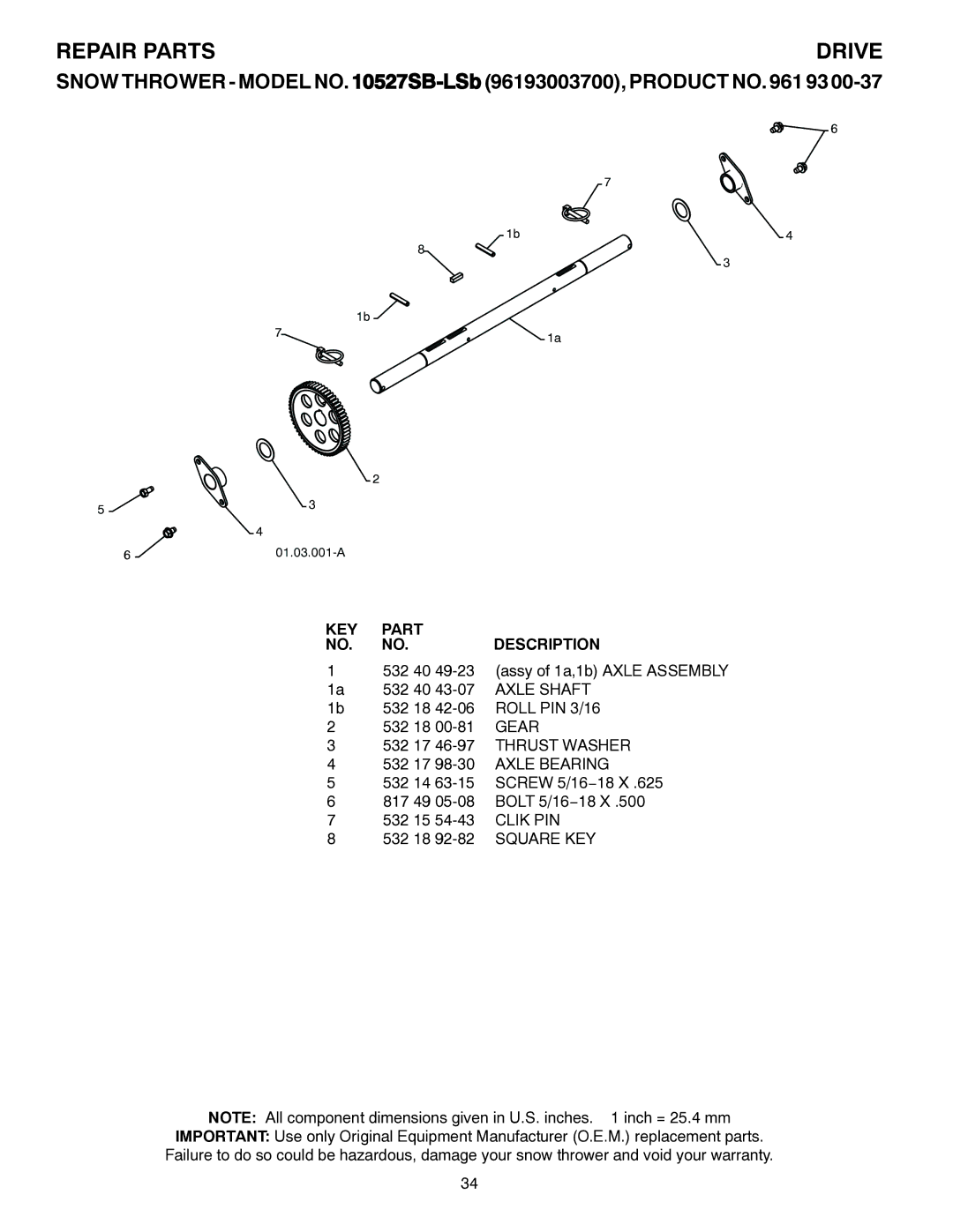 Husqvarna 10527SB-LS owner manual Axle Shaft, Roll PIN 3/16, Gear, Clik PIN 