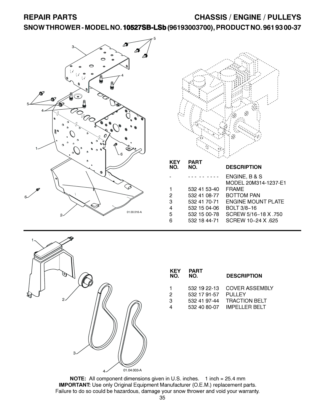 Husqvarna 10527SB-LS owner manual Chassis / Engine / Pulleys 