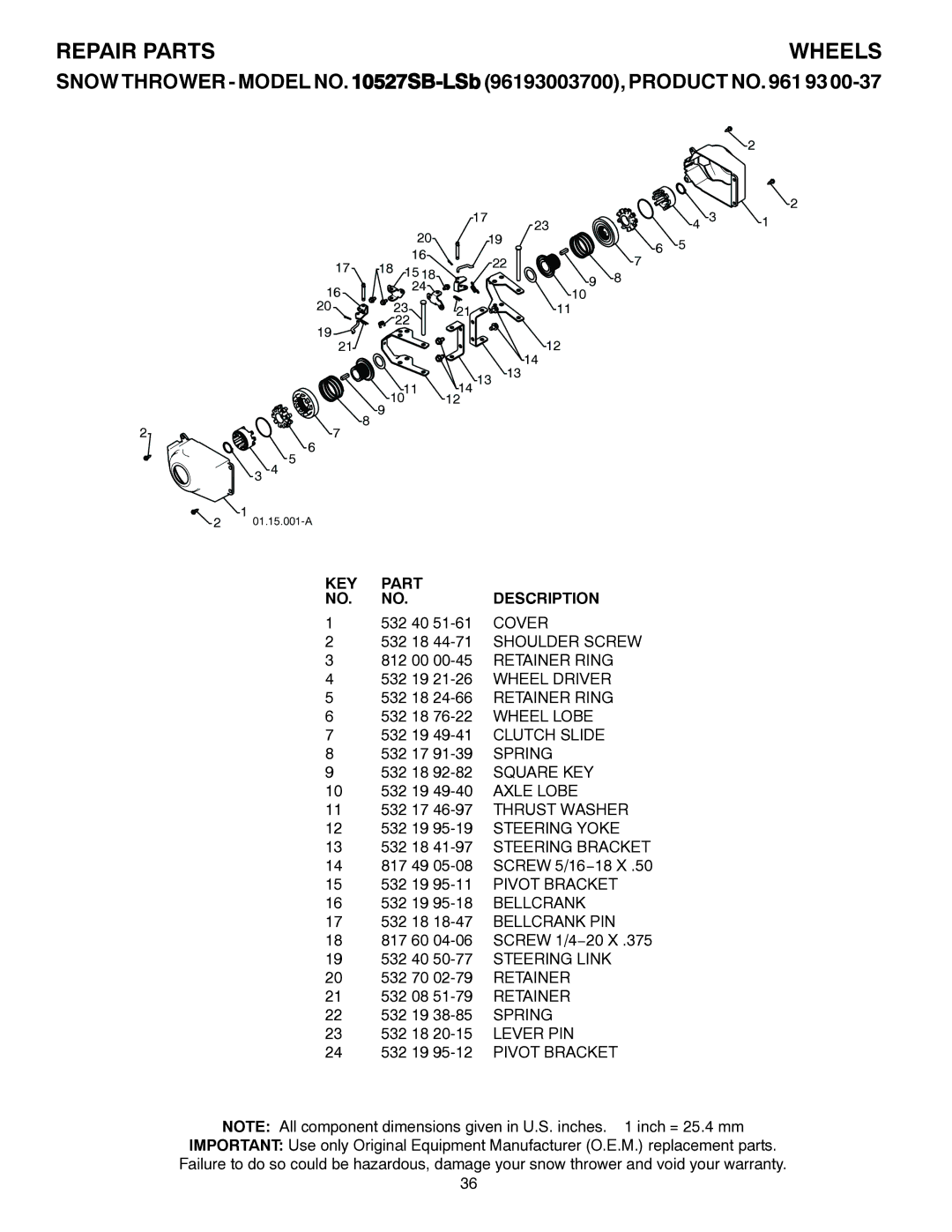 Husqvarna 10527SB-LS owner manual Repair Parts, Cover, Wheel Lobe, Axle Lobe, Lever PIN 