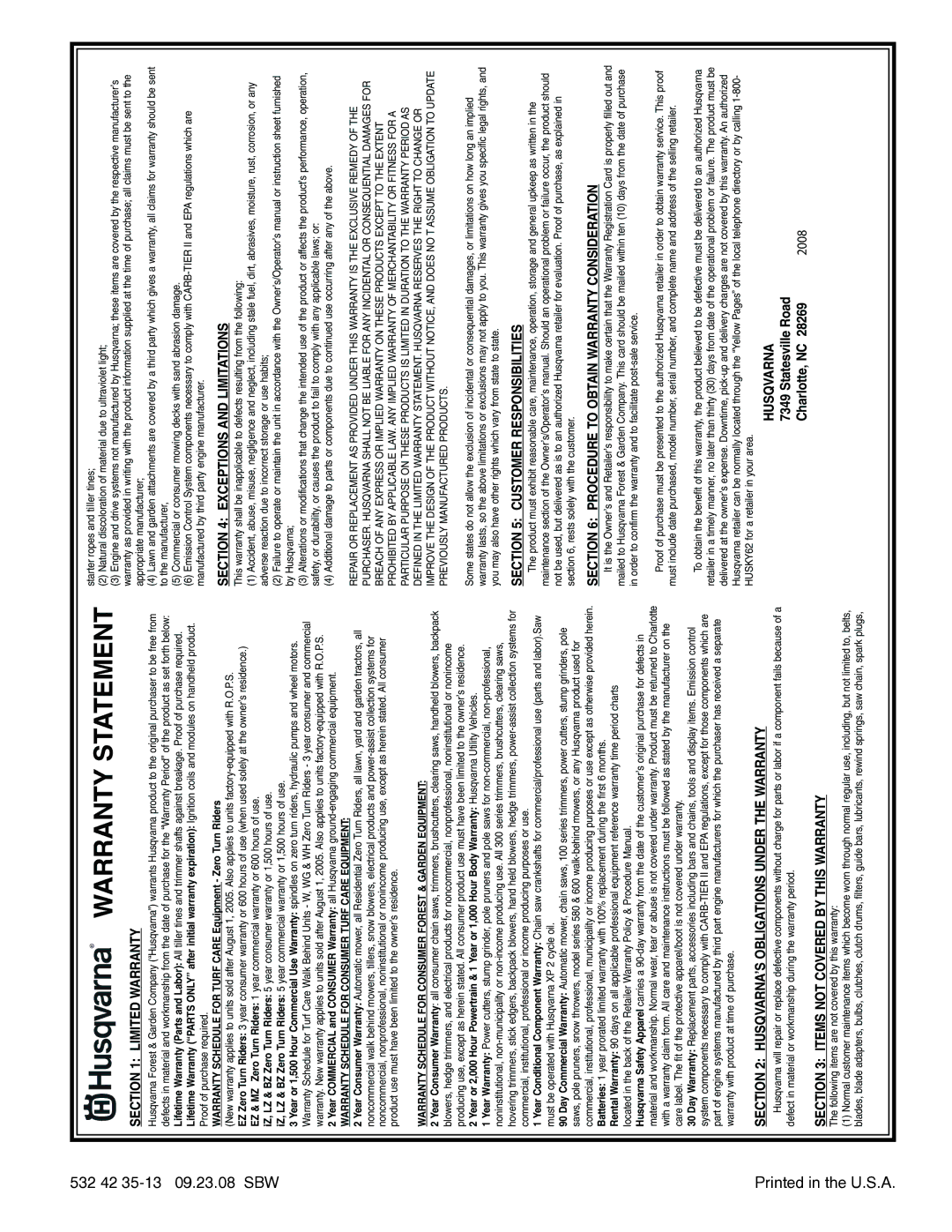 Husqvarna 10527SB-LS owner manual Warranty Statement 