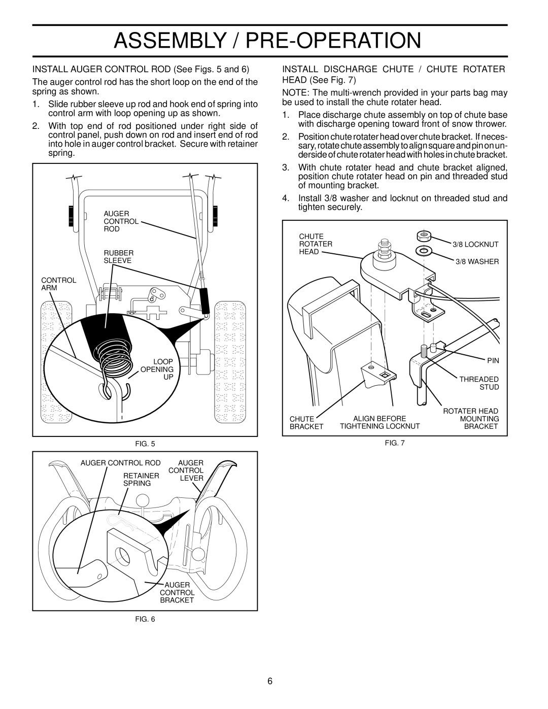 Husqvarna 10527SB-LS owner manual Install Auger Control ROD See Figs, Install Discharge Chute / Chute Rotater Head See Fig 