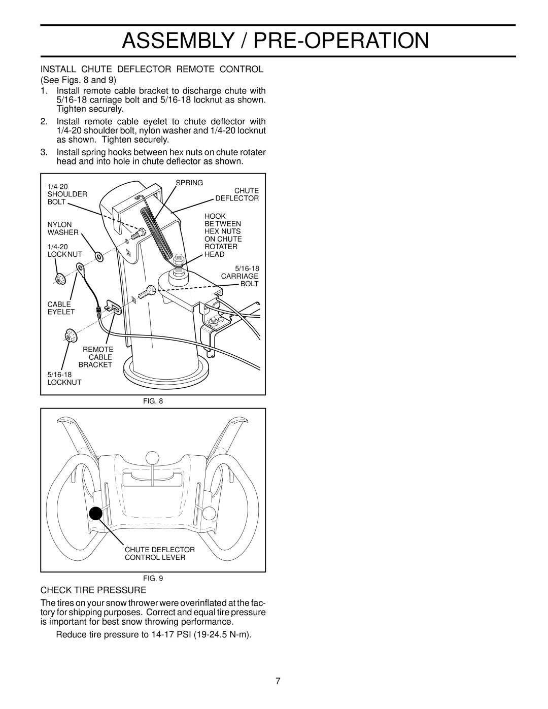 Husqvarna 10527SB-LS owner manual Install Chute Deflector Remote Control See Figs, Check Tire Pressure 