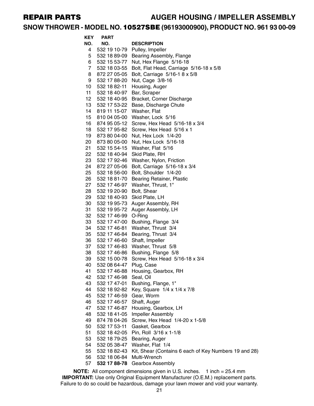 Husqvarna 10527SBE owner manual Repair Parts 