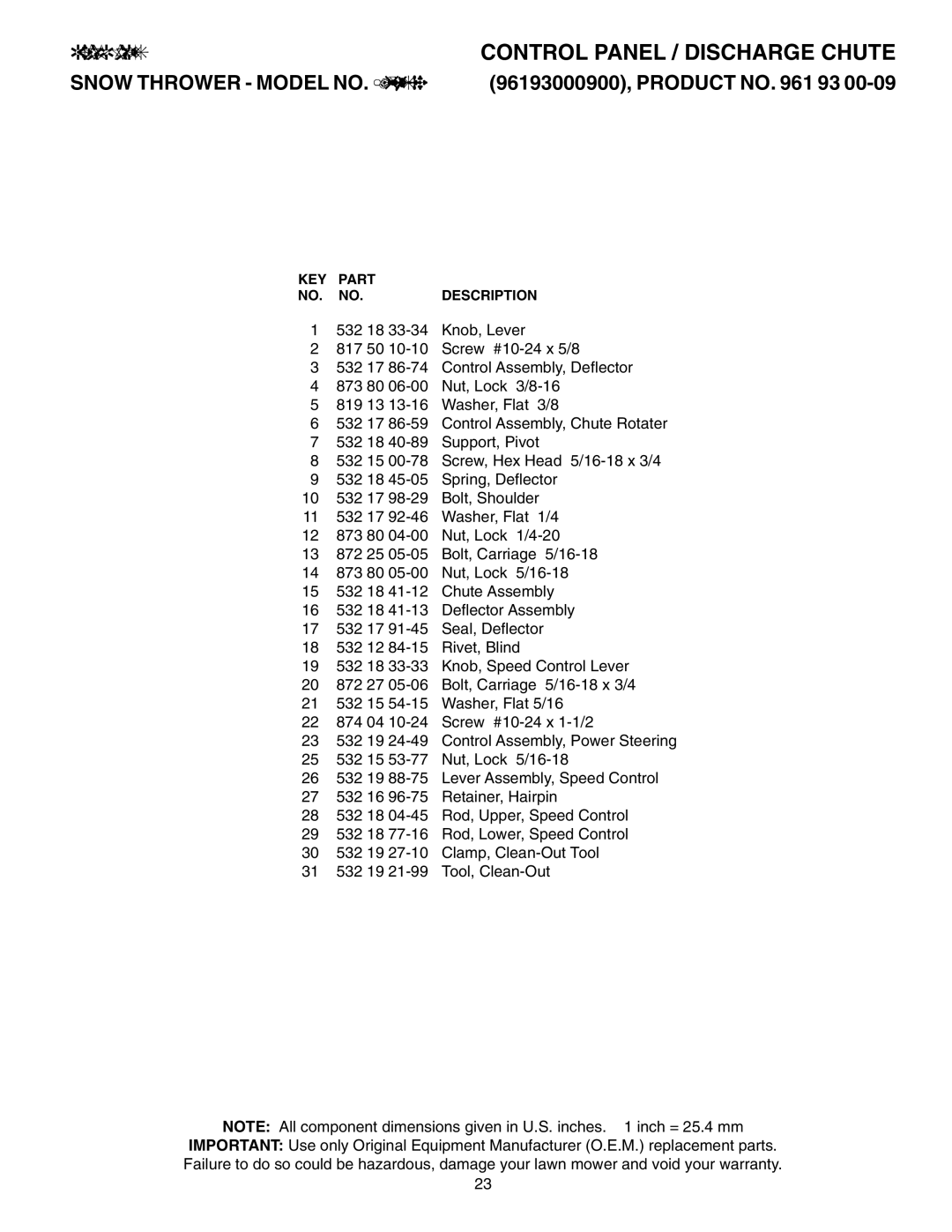 Husqvarna 10527SBE owner manual KEY Part Description 