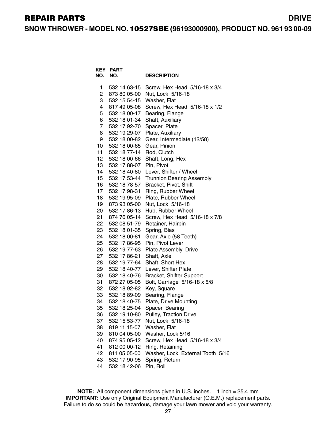 Husqvarna 10527SBE owner manual Repair Parts 