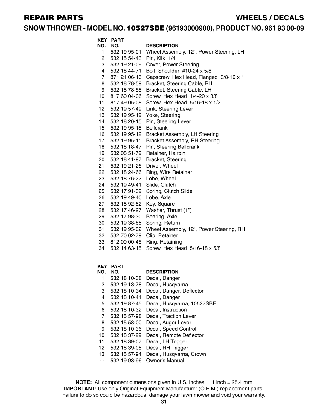 Husqvarna 10527SBE owner manual KEY Part Description 