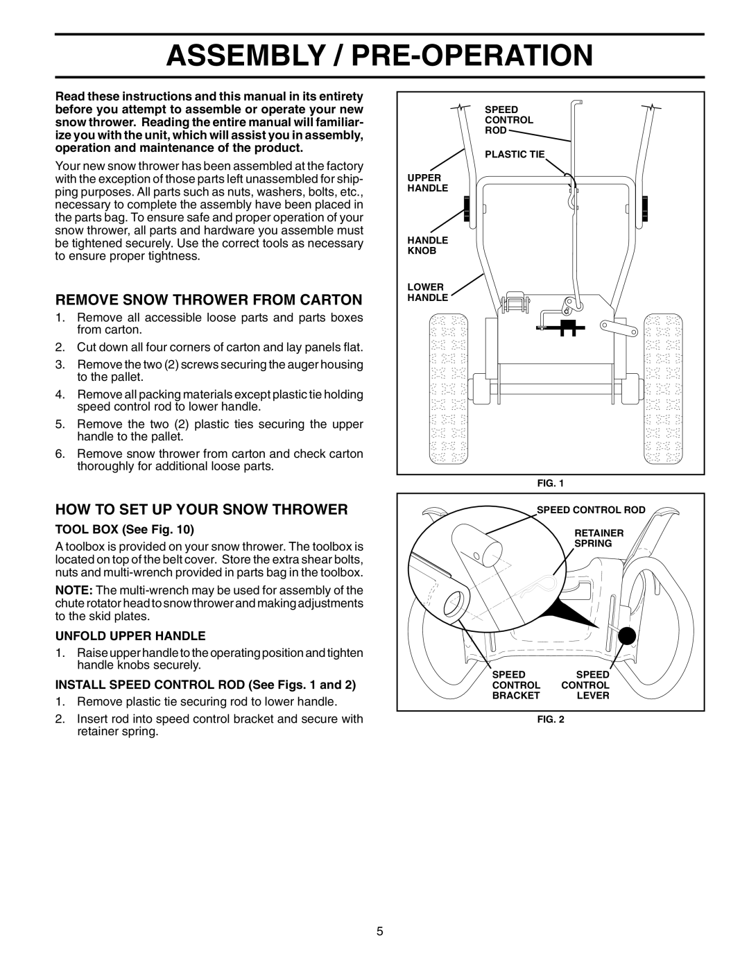 Husqvarna 10527SBE owner manual Assembly / PRE-OPERATION, Remove Snow Thrower from Carton, HOW to SET UP Your Snow Thrower 