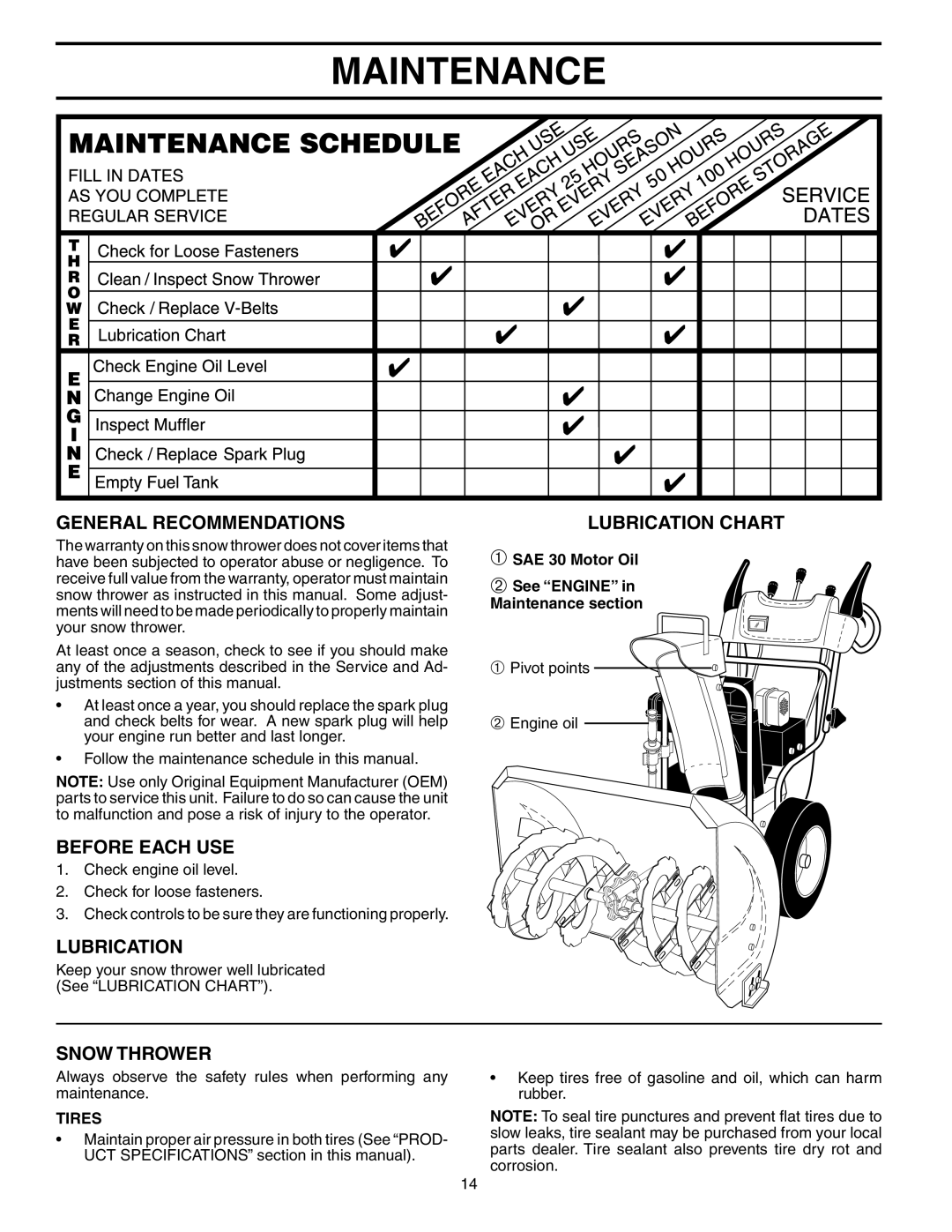 Husqvarna 10527STE Maintenance, General Recommendations, Before Each Use, Snow Thrower, Lubrication Chart, Tires 