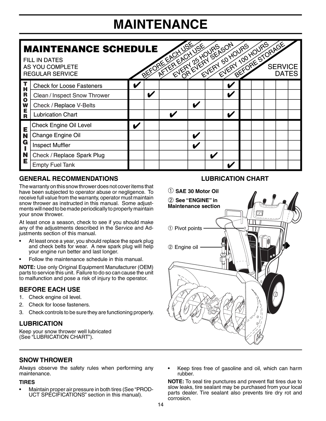 Husqvarna 10527STE owner manual Maintenance, General Recommendations, Before Each USE, Lubrication, Snow Thrower 