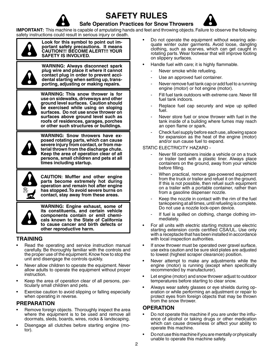 Husqvarna 10527STE owner manual Training, Preparation, Operation, Static Electricity Hazard 