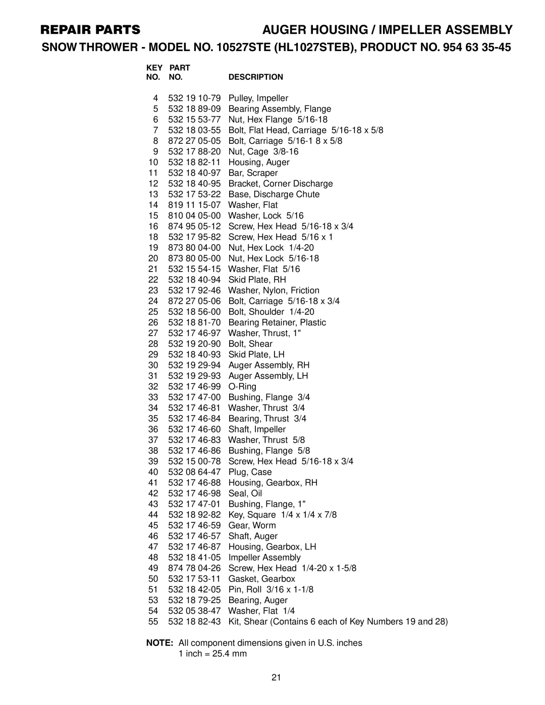 Husqvarna 10527STE owner manual KEY Part Description 