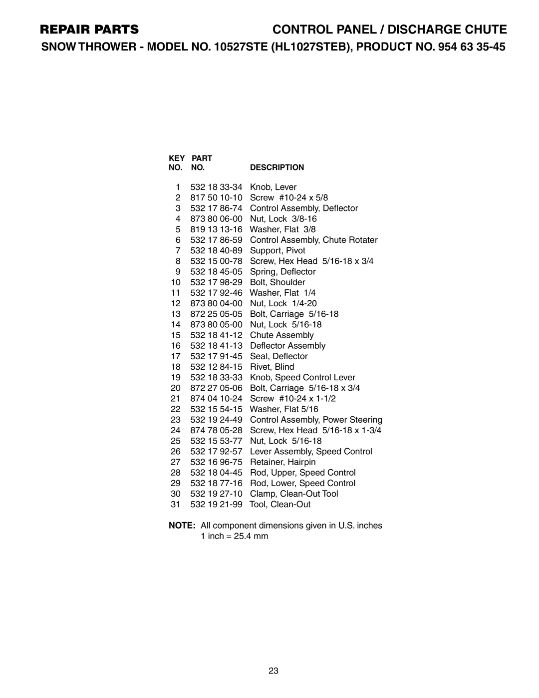 Husqvarna 10527STE owner manual Repair Parts 