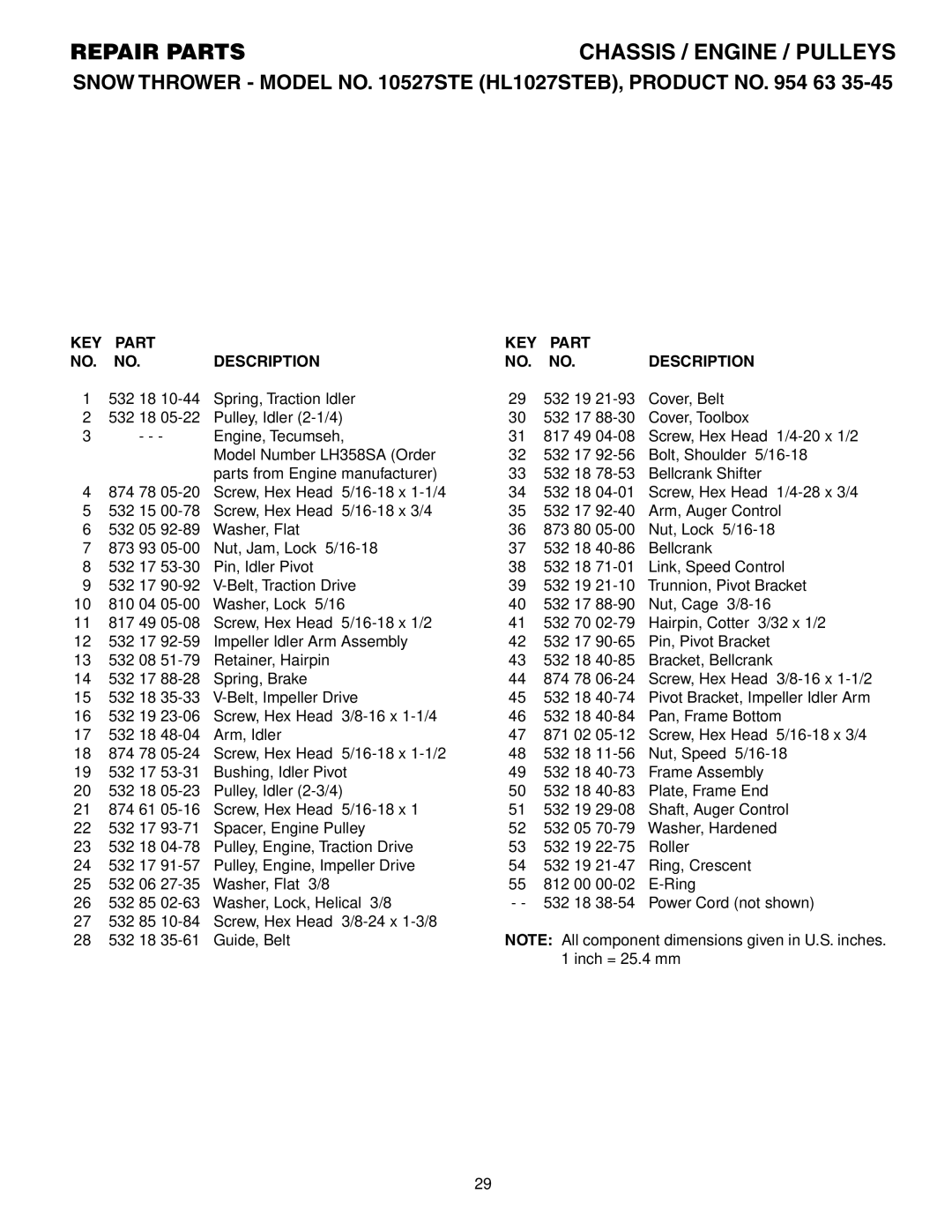 Husqvarna 10527STE owner manual KEY Part Description 