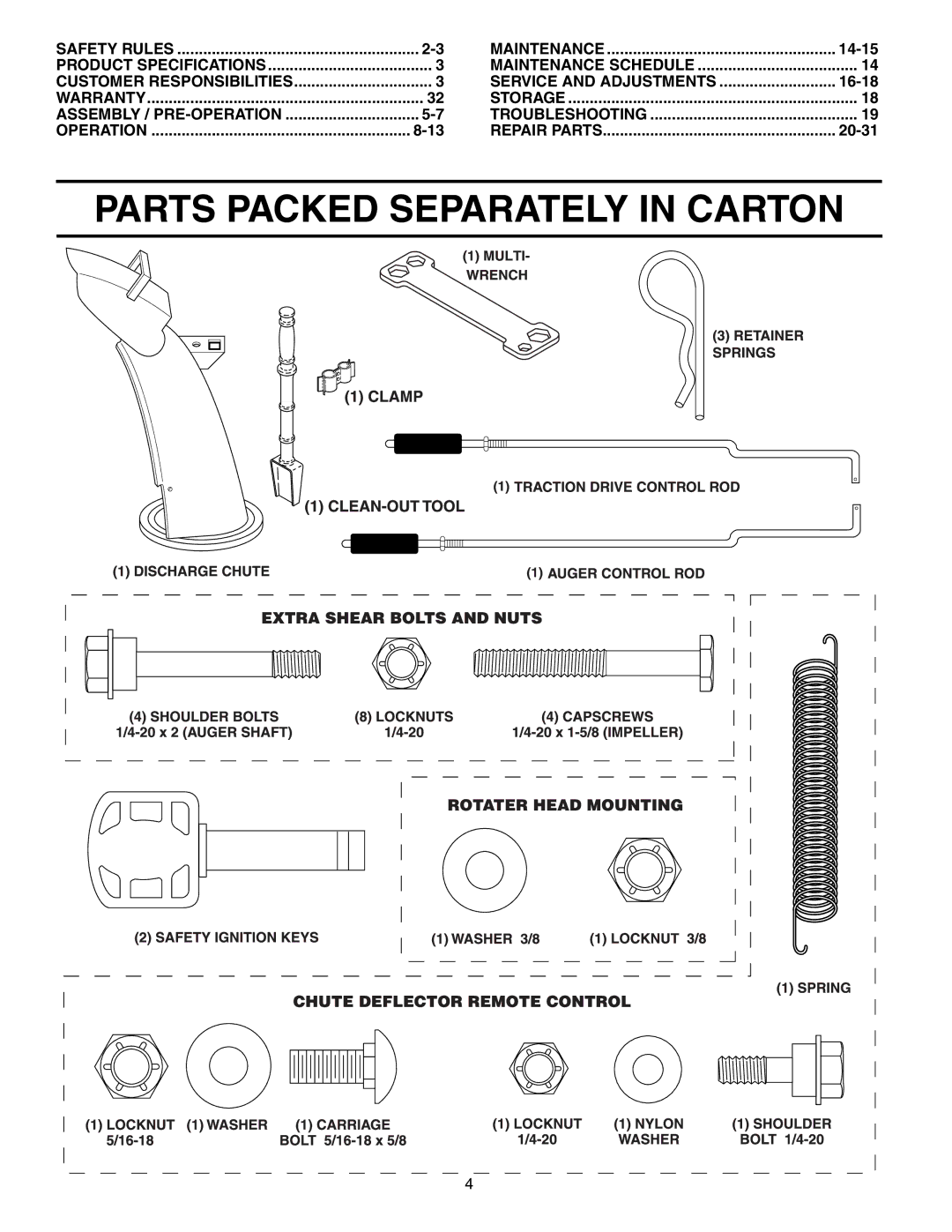 Husqvarna 10527STE owner manual Parts Packed Separately in Carton, 14-15, Service and Adjustments, 16-18, 20-31 