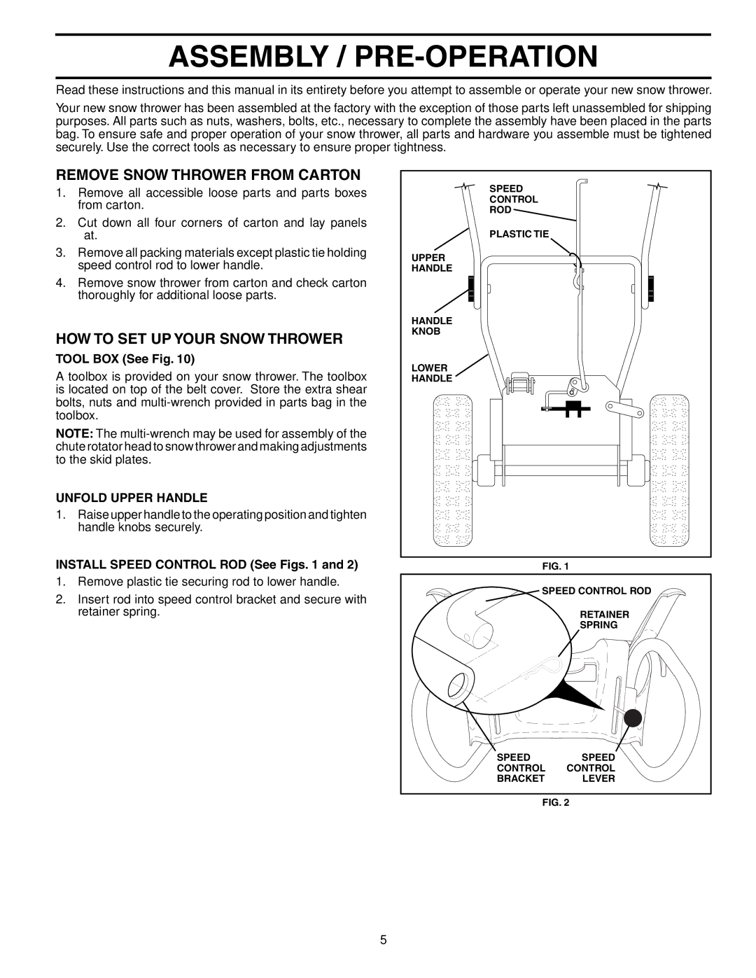 Husqvarna 10527STE owner manual Assembly / PRE-OPERATION, Remove Snow Thrower from Carton, HOW to SET UP Your Snow Thrower 