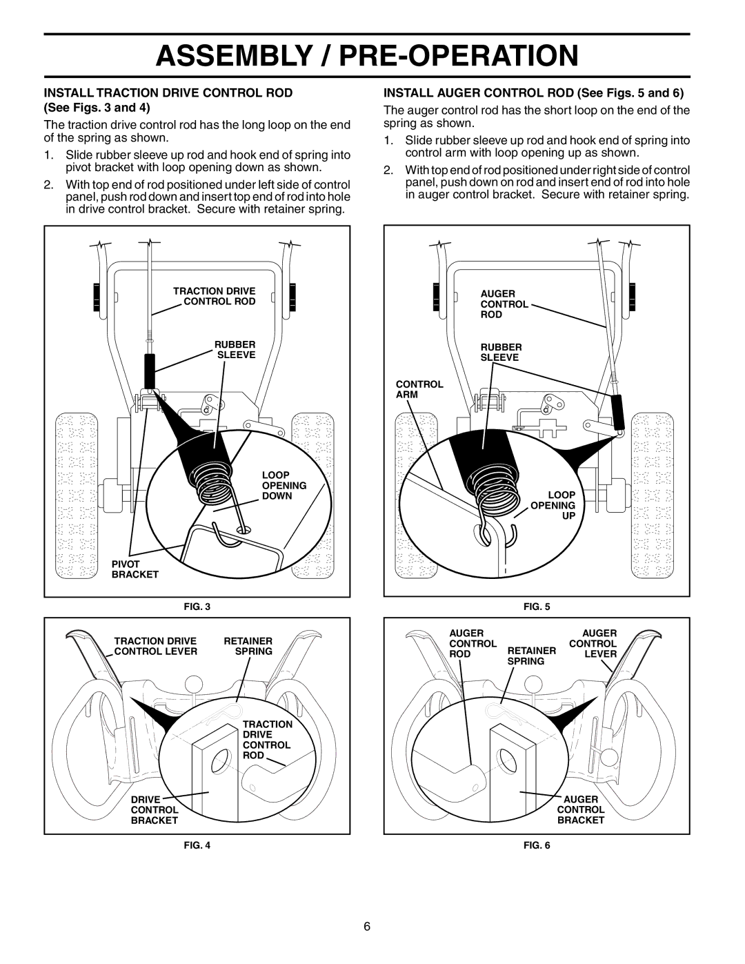 Husqvarna 10527STE owner manual Install Traction Drive Control ROD See Figs, Install Auger Control ROD See Figs 