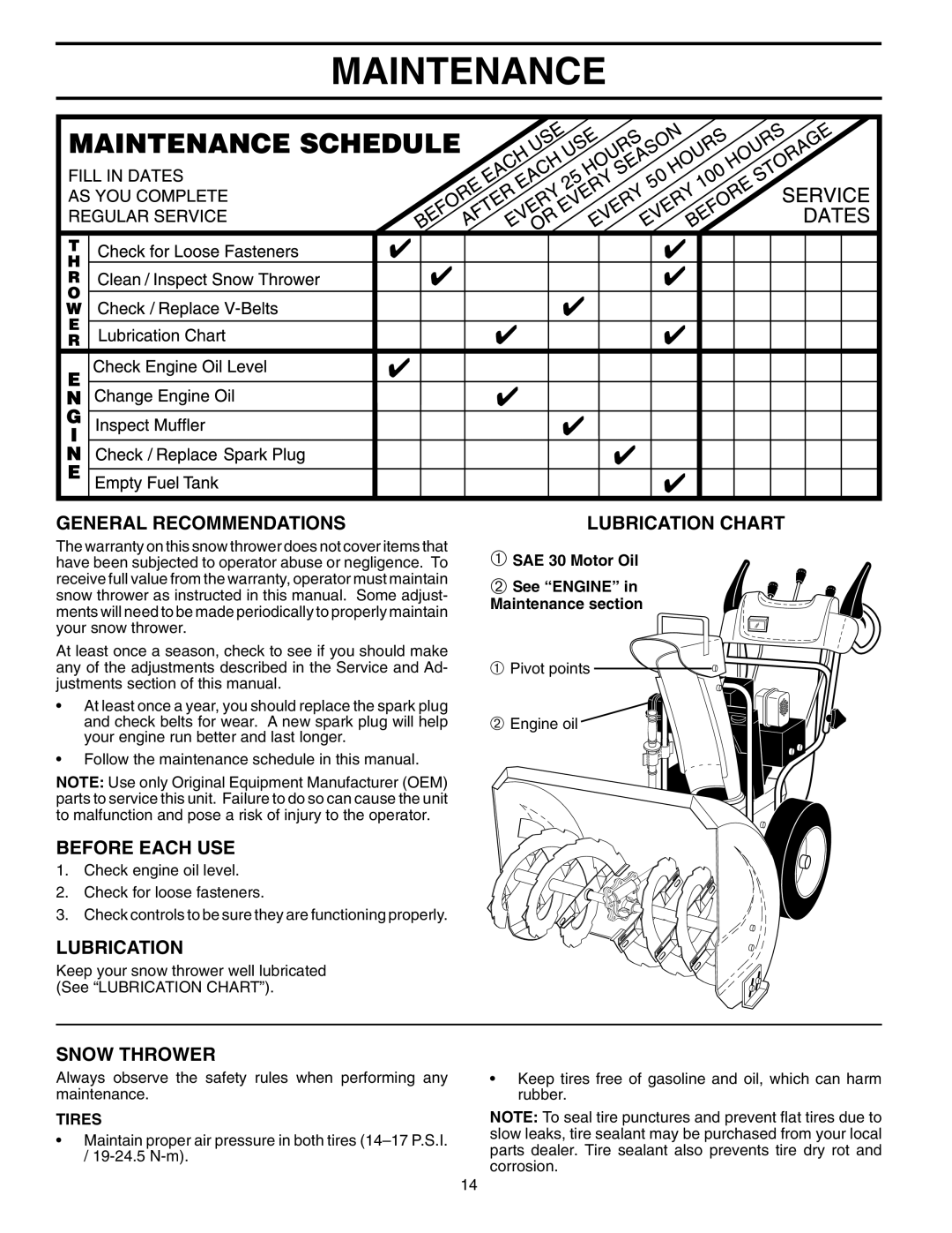 Husqvarna 10530SBE Maintenance, General Recommendations, Before Each Use, Snow Thrower, Lubrication Chart, Tires 