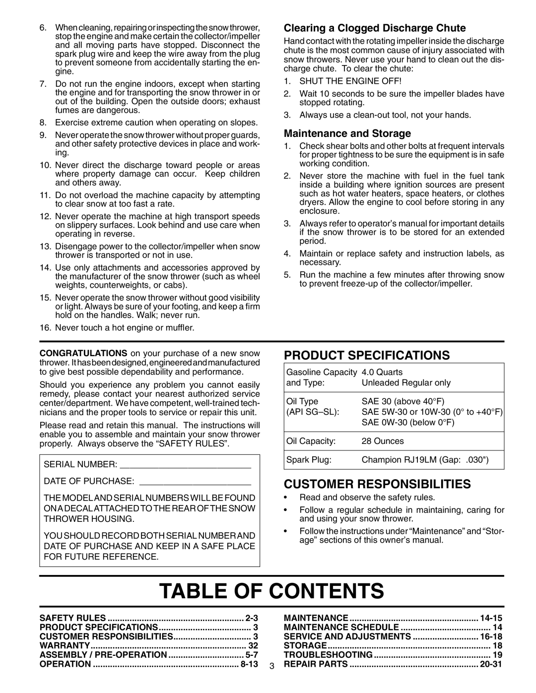 Husqvarna 10530SBE Table Of Contents, Product Specifications, Customer Responsibilities, Maintenance and Storage, 8-13 