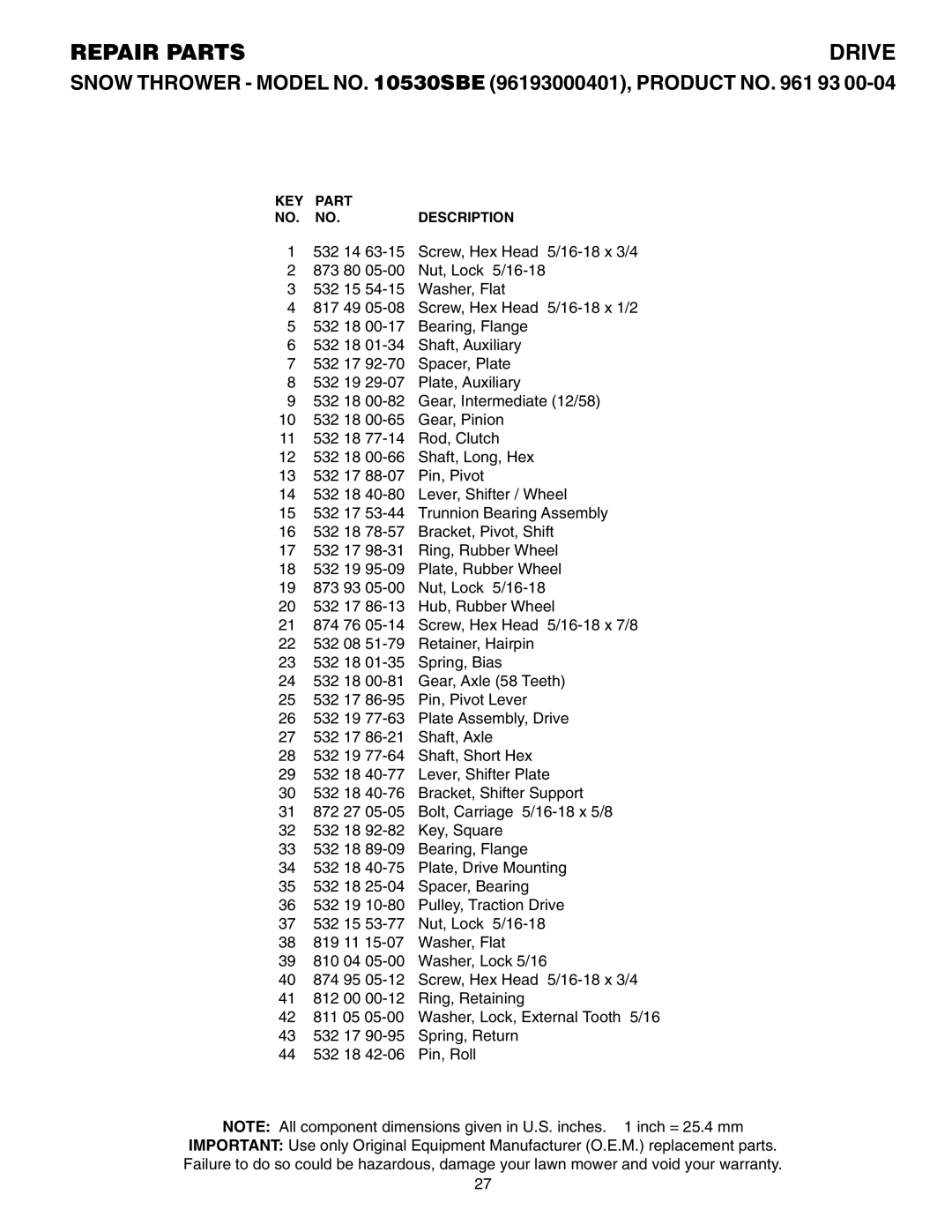 Husqvarna 10530SBE owner manual Repair Parts 