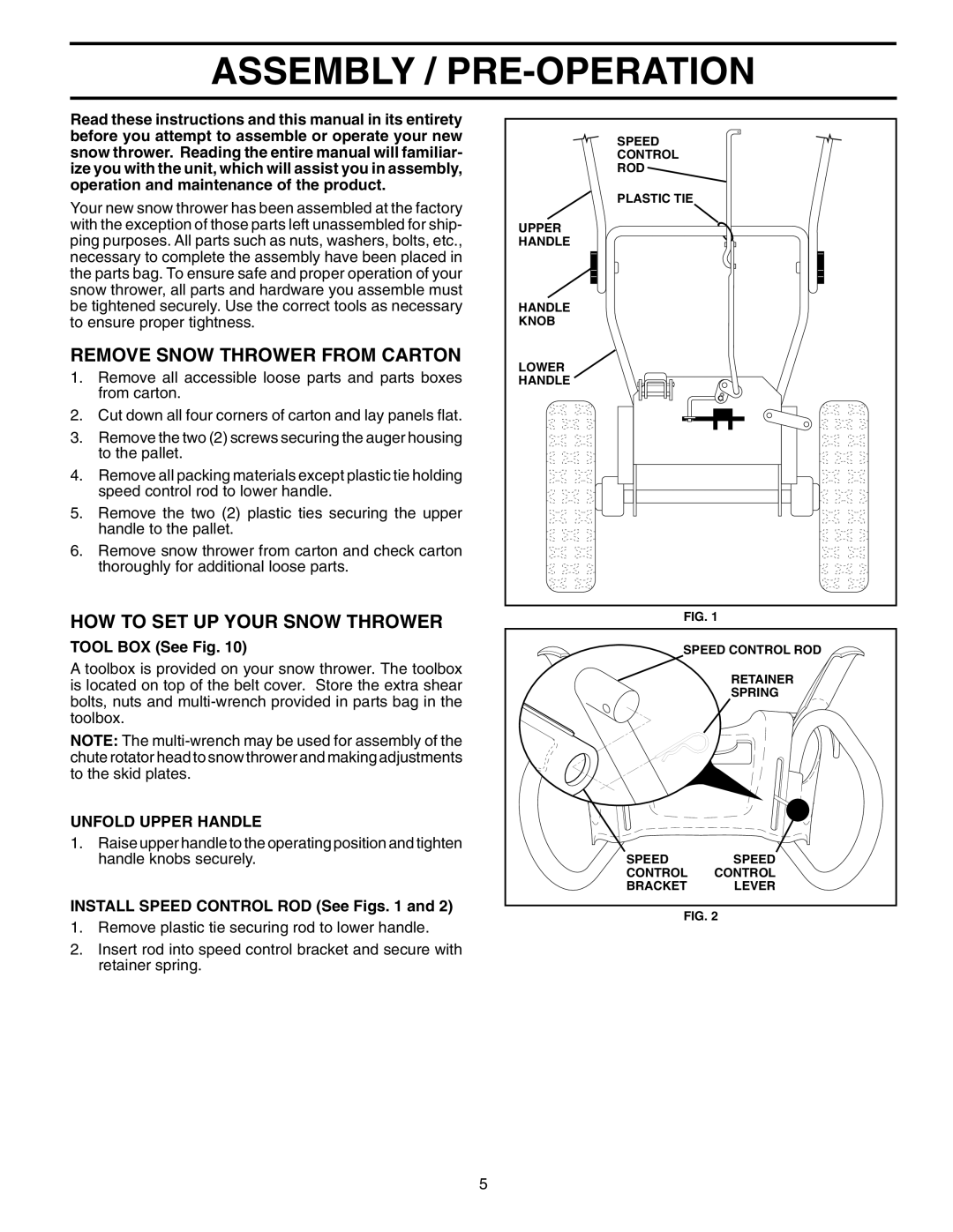 Husqvarna 10530SBE owner manual Assembly / PRE-OPERATION, Remove Snow Thrower from Carton, HOW to SET UP Your Snow Thrower 