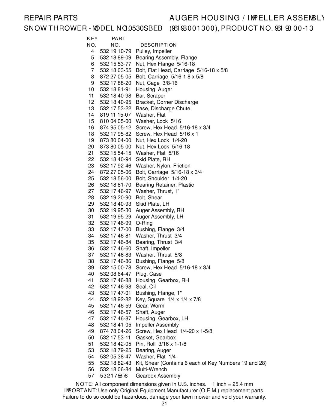 Husqvarna 10530SBEB owner manual Repair Parts 