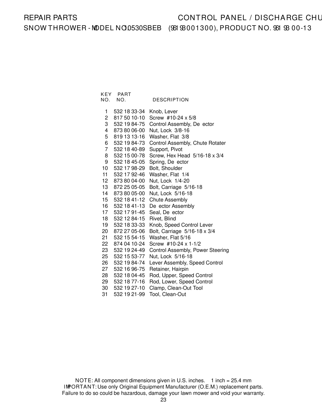 Husqvarna 10530SBEB owner manual KEY Part Description 