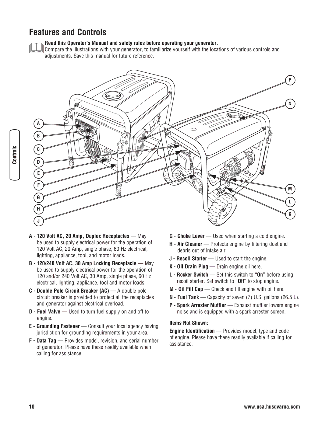 Husqvarna 1055 GN manual Features and Controls, Fuel Valve Used to turn fuel supply on and off to engine, Items Not Shown 