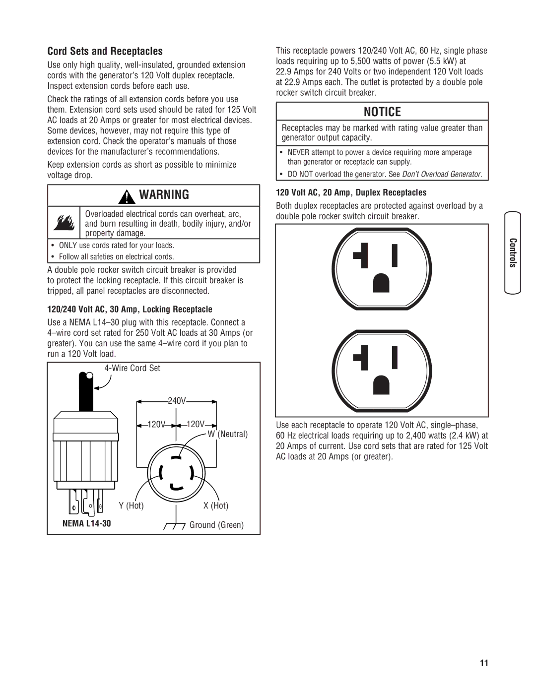 Husqvarna 1055 GN manual Cord Sets and Receptacles, 120/240 Volt AC, 30 Amp, Locking Receptacle, Hot, Nema L14-30 