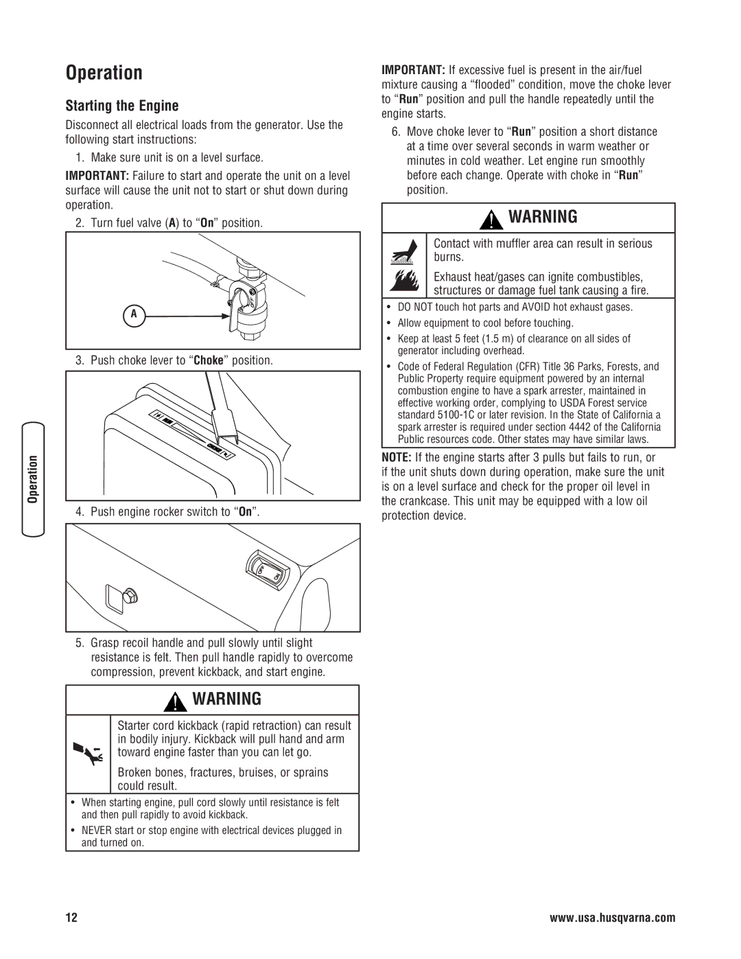 Husqvarna 1055 GN manual Operation, Starting the Engine 