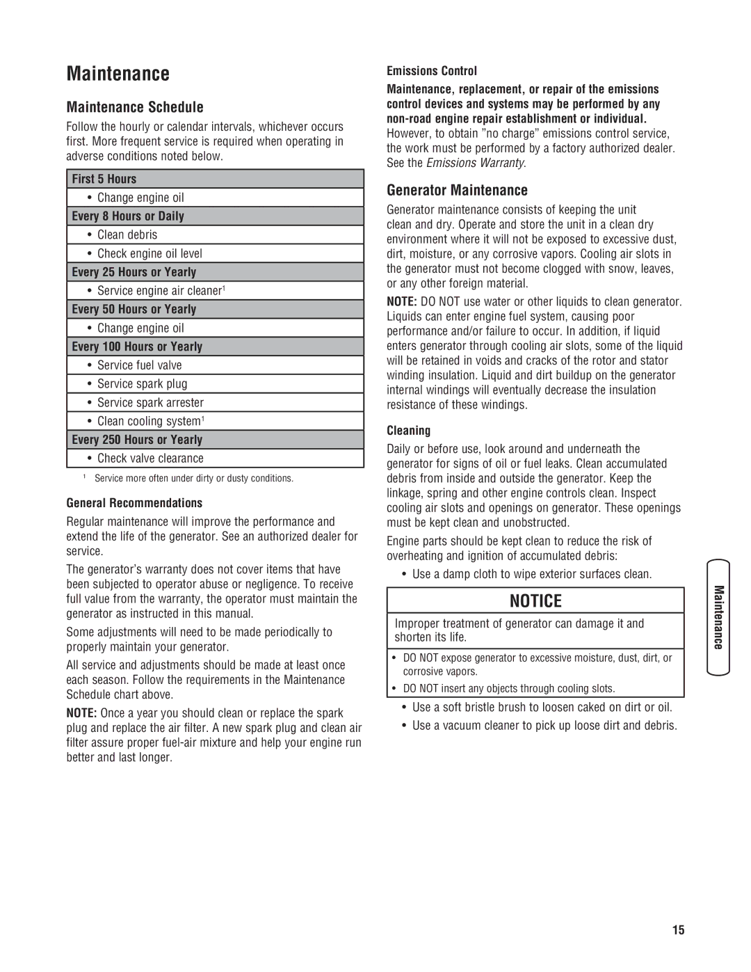 Husqvarna 1055 GN manual Maintenance Schedule, Generator Maintenance 