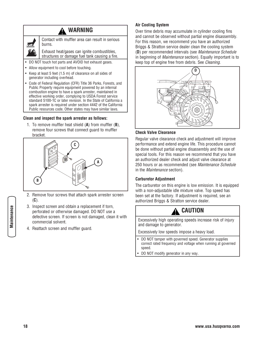 Husqvarna 1055 GN manual Clean and inspect the spark arrester as follows, Air Cooling System, Check Valve Clearance 