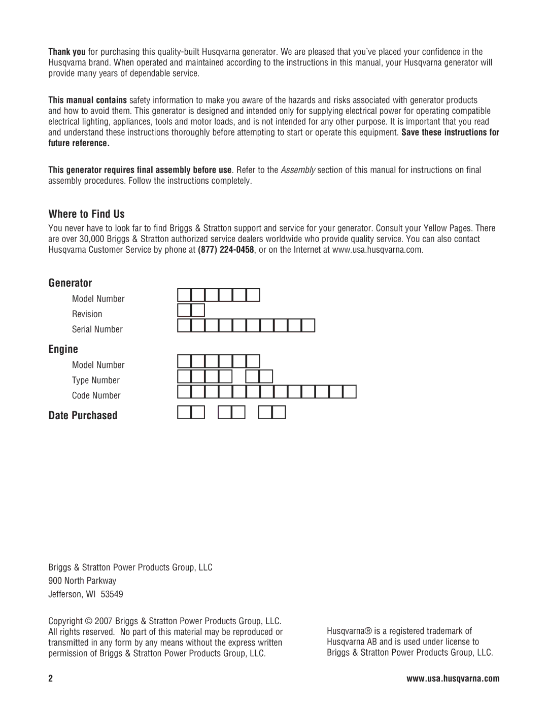 Husqvarna 1055 GN manual Where to Find Us Generator, Engine, Date Purchased, Model Number Revision Serial Number 