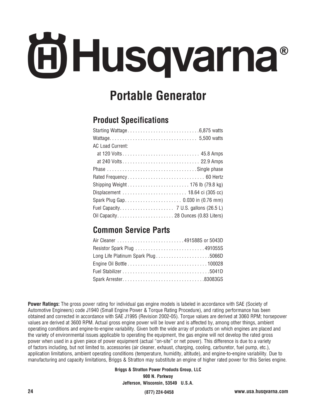 Husqvarna 1055 GN manual Product Specifications, Common Service Parts 