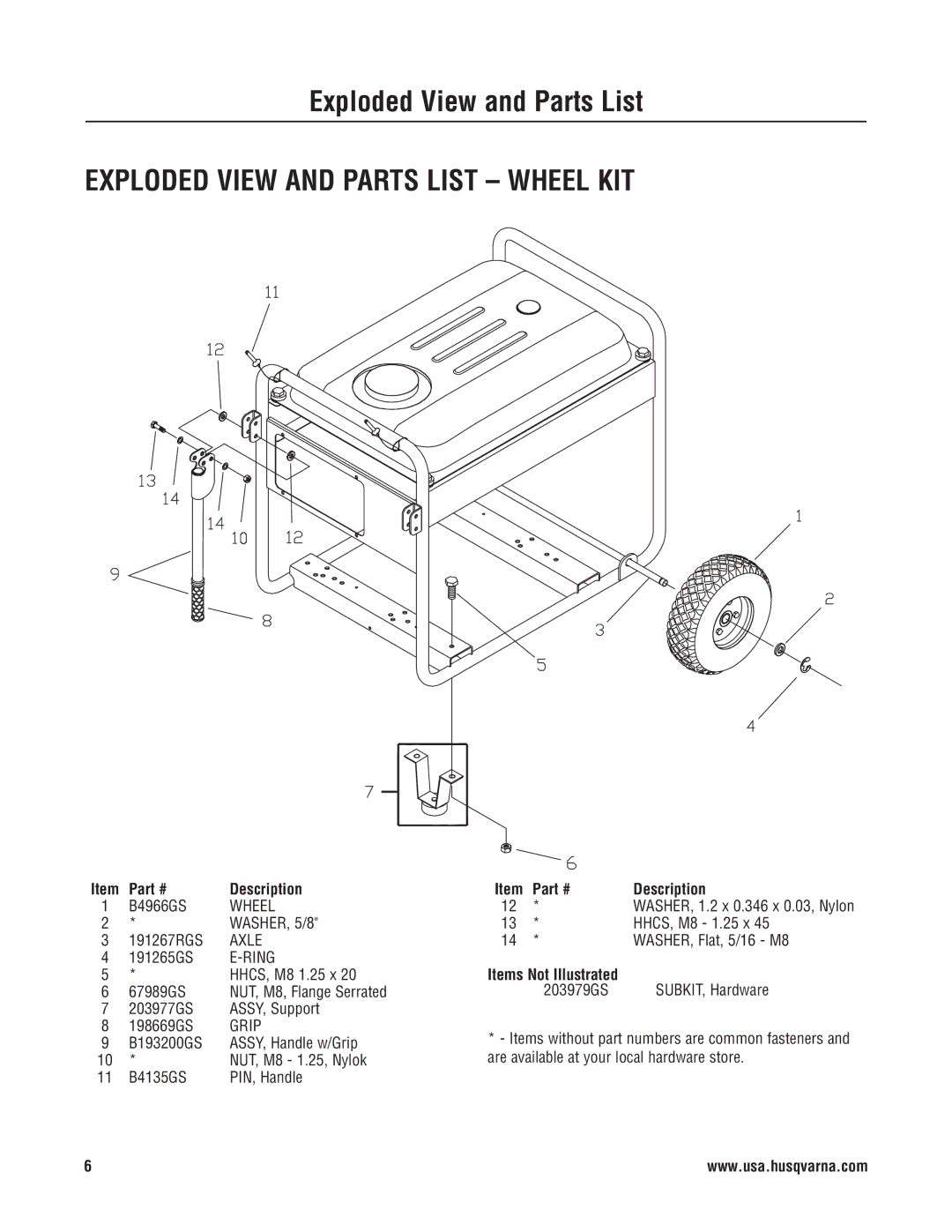 Husqvarna 1055 GN manual Exploded View and Parts List Wheel KIT 